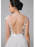 3D Flower Appliques Tulle V Back Wedding Dress With Pockets